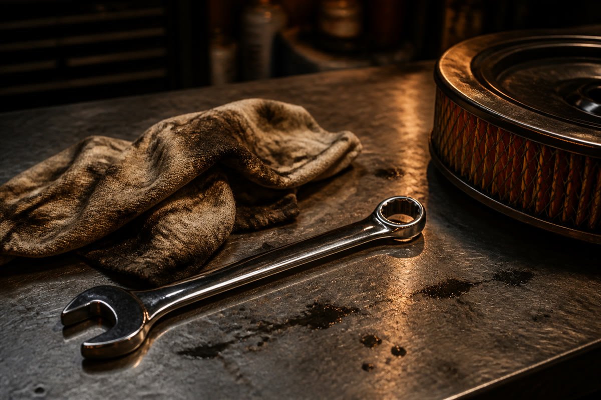 Chrome wrench and oily rag on a steel workbench.