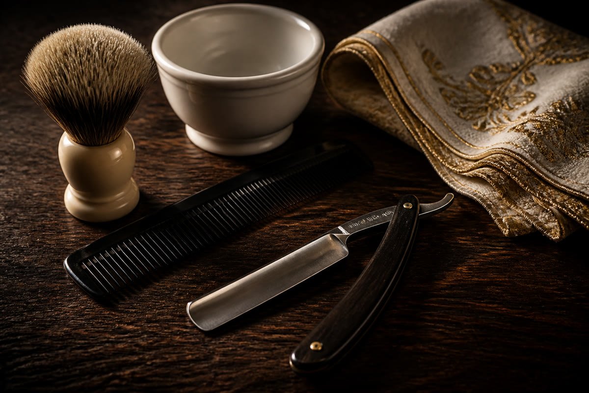 Straight razor, comb, and cream shaving brush on dark wood.