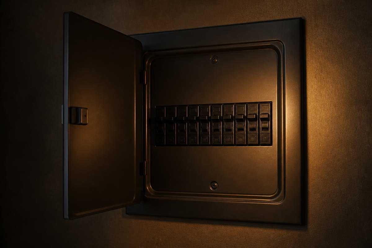 Open electrical panel in warm light.
