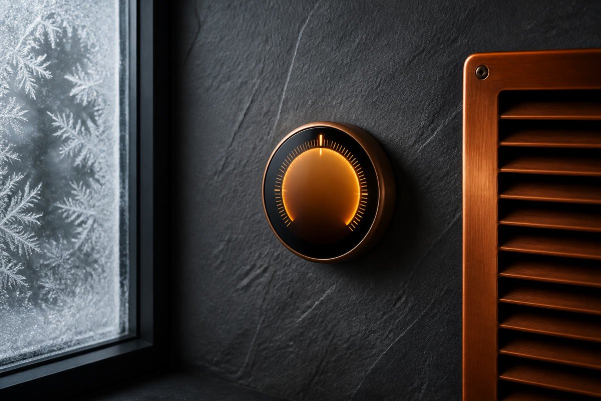 Copper thermostat on a slate wall beside frost.