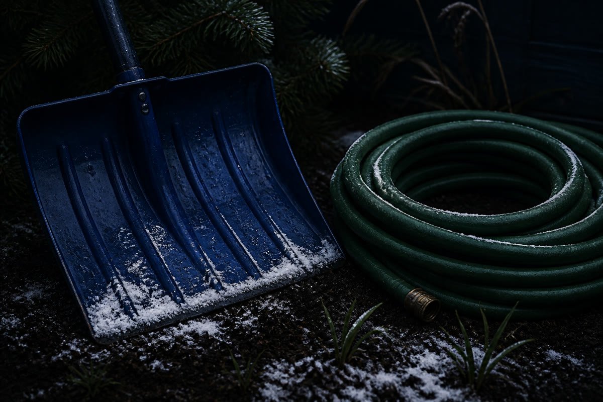 Blue snow shovel and garden hose dusted with snow.
