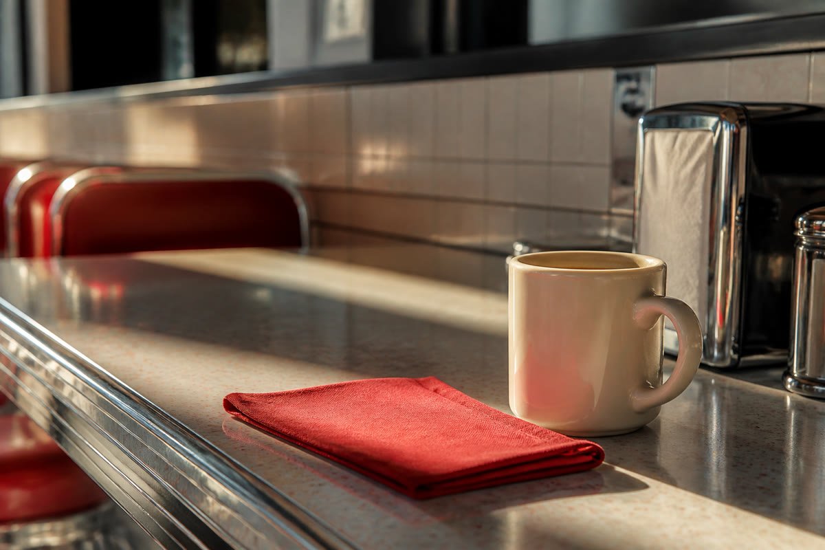 Diner counter, coffee mug, red napkin.