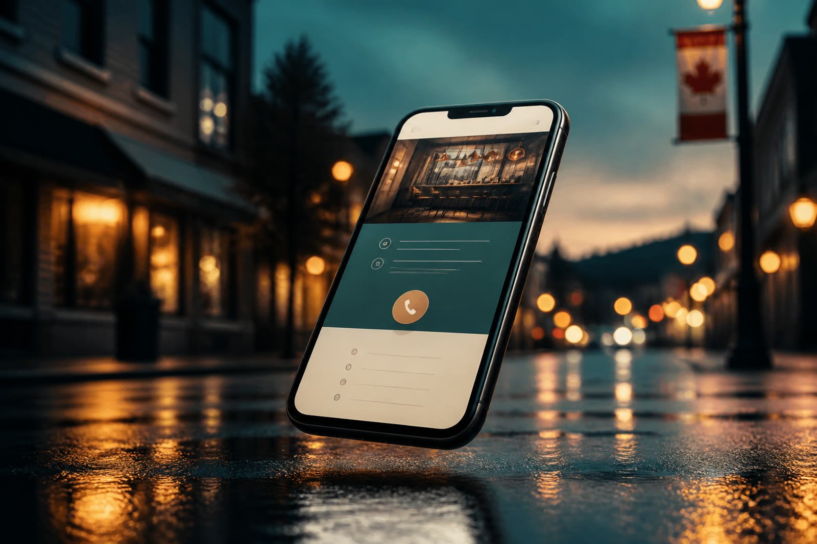 A phone showing a one-page site, floating over a wet street at dusk.